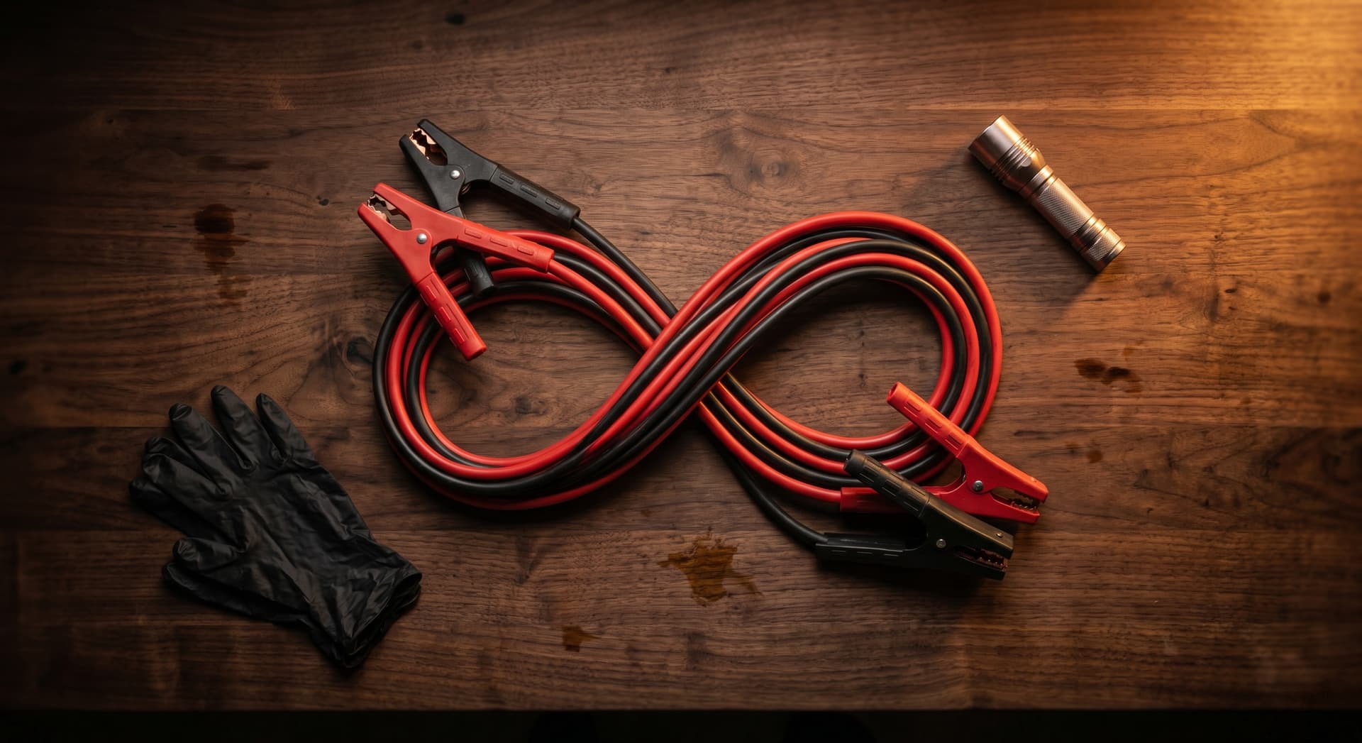 Jumper cables connected to a car battery with red clamp on the positive terminal