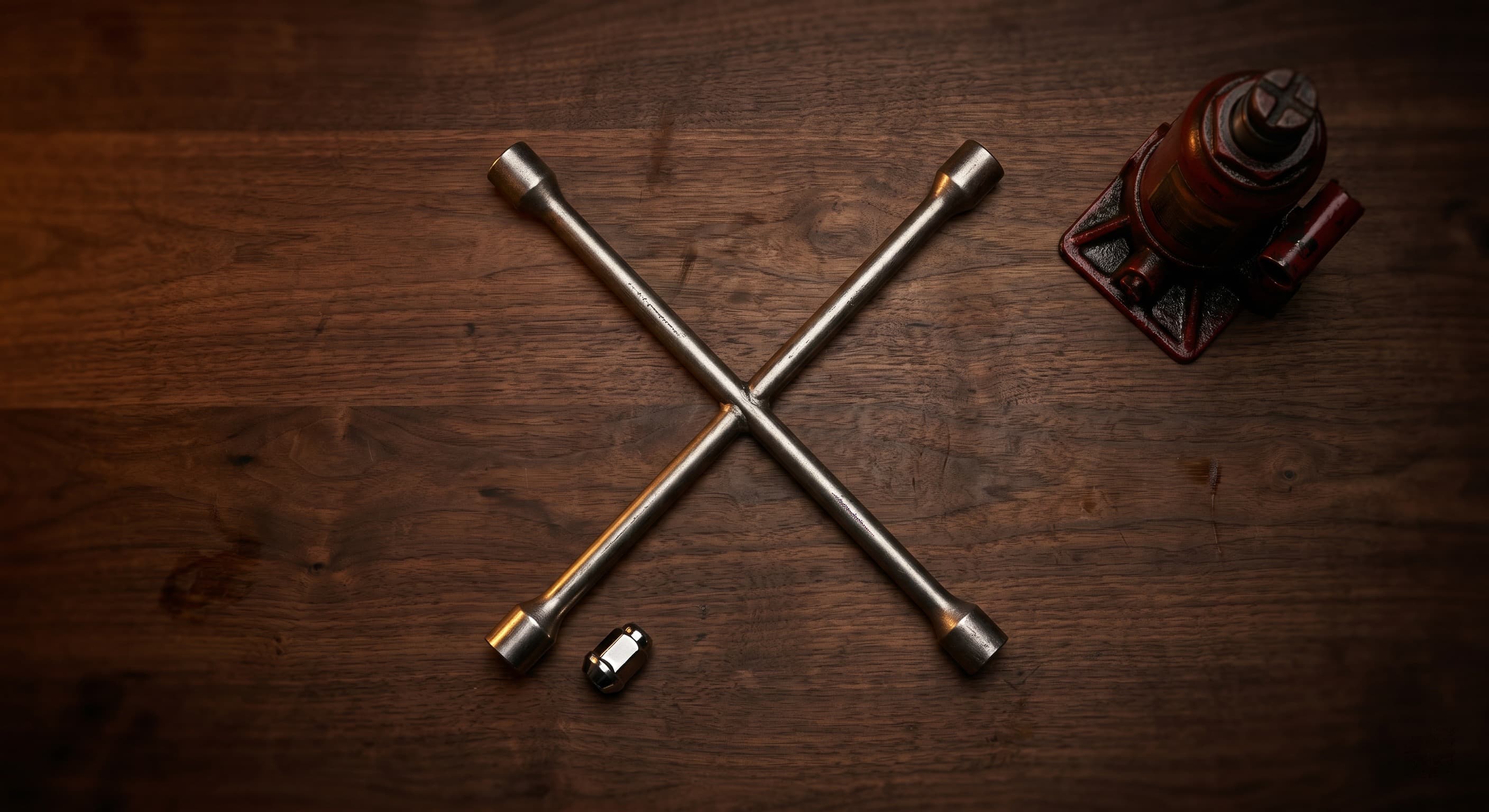 Four-way lug wrench in cross position with a bottle jack and lug nut on a dark walnut workbench