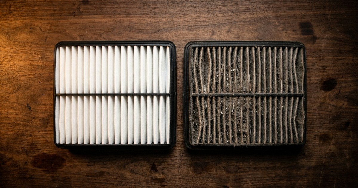 Side-by-side comparison of a clean white engine air filter and a dirty gray engine air filter pulled from a car's airbox